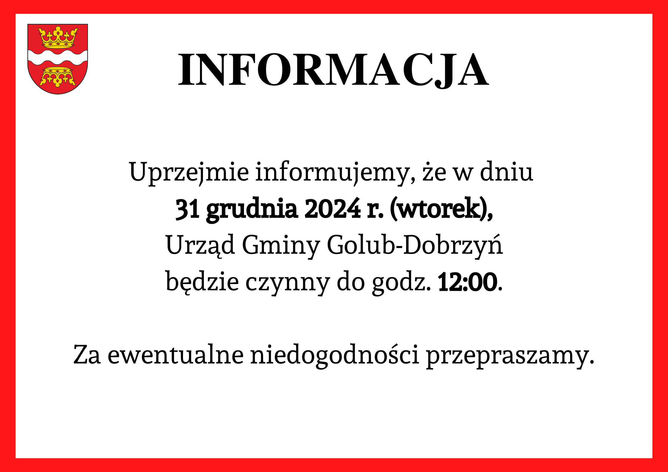 Informacja o skróceniu pracy Urzędu