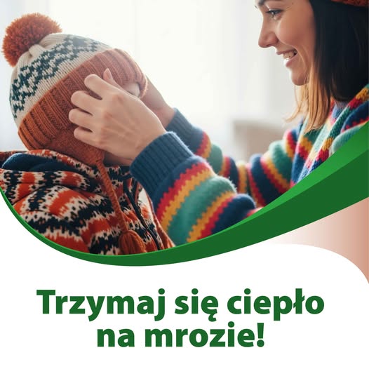 Grafika z napisem "Trzymaj się ciepło na mrozie"