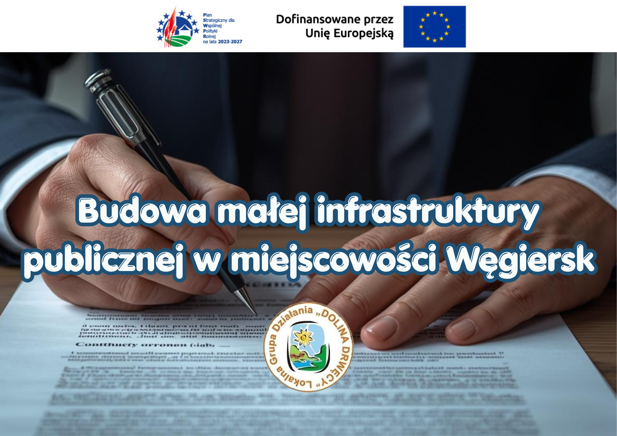 Dłoń podpisująca umowę oraz logotypy projektu